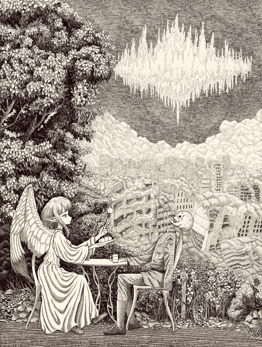 1girl absurdres angel angel_wings building chair city crosshatching dress feathered_wings food fork greyscale hatching_(texture) highres holding holding_fork monochrome nature nigirizusi1 original overgrown pointy_ears post-apocalypse profile scenery shoes skeleton skull table traditional_media wings