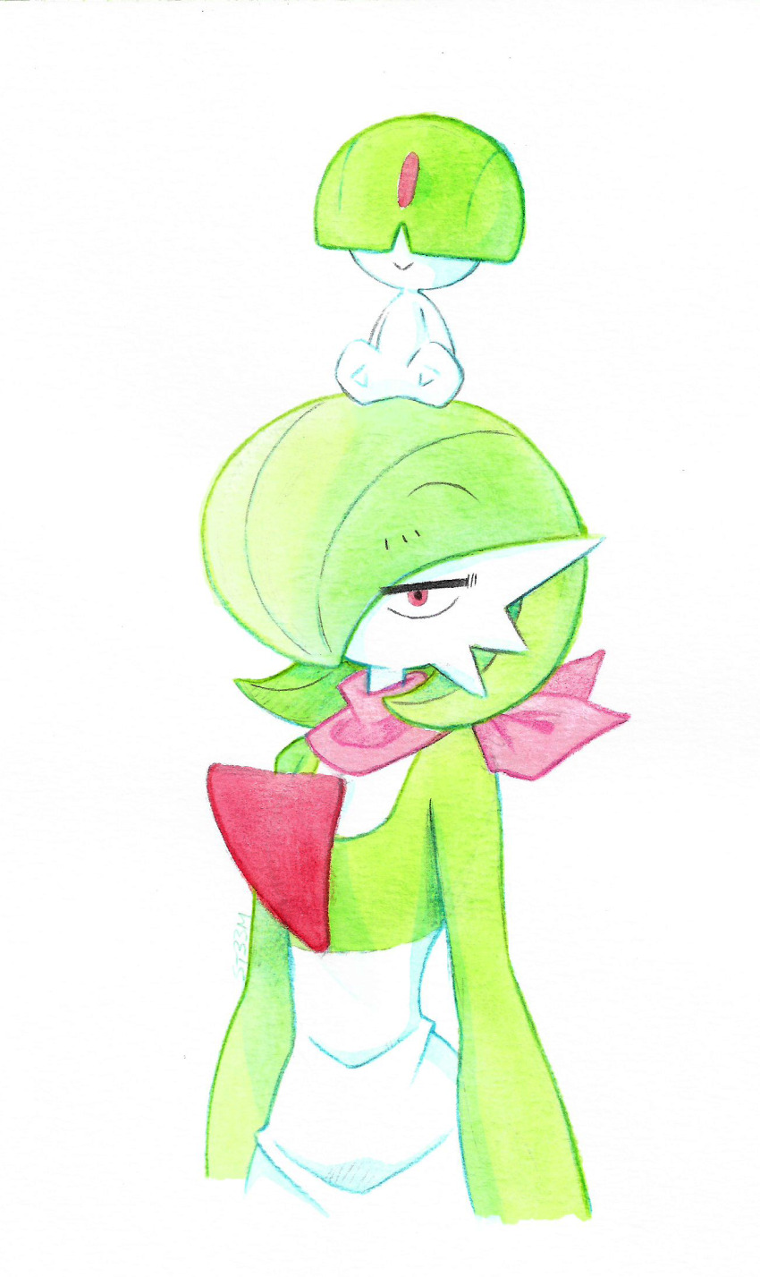 bob_cut bowl_cut colored_skin gardevoir gen_3_pokemon green_hair green_skin hair_over_eyes hair_over_one_eye highres multicolored_skin nintendo on_head pink_eyes pink_scarf pokemon pokemon_(creature) ralts scarf simple_background smile superiordutchsauce traditional_media two-tone_skin white_background white_skin