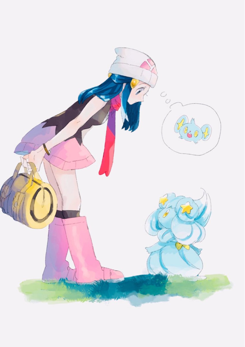 1girl alcremie alcremie_(mint_cream) alcremie_(star_sweet) bag beanie black_legwear blue_hair boots bracelet breasts commentary_request dawn_(pokemon) duffel_bag gen_4_pokemon gen_8_pokemon grass hair_ornament hanenbo hat highres holding jewelry leaning_forward long_hair looking_down nintendo pink_boots pokemon pokemon_(creature) pokemon_dppt red_scarf scarf shinx sidelocks socks speech_bubble standing thought_bubble white_headwear