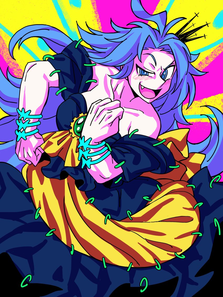 1girl absurdres alternate_costume bare_shoulders blue_eyes blue_hair blush breasts chest_jewel crown dress eddybird55555 fang happy highres himemushi_momoyo jewelry long_hair messy_hair multicolored_background multiple_rings muscular ring shinra-bansho solo spiked_hair touhou