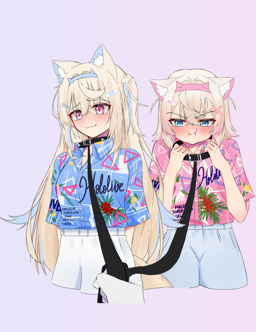 2girls :i absurdres angry animal_collar animal_ears arms_behind_back bandaid bandaid_hair_ornament black_collar blonde_hair blue_eyes blue_hair blue_hairband blue_shirt blush collar collared_shirt commentary crossed_bangs dog_ears dog_girl dog_tail double-parted_bangs embarrassed english_commentary fake_horns fuwawa_abyssgard hair_between_eyes hair_intakes hair_ornament hairband hairclip hawaiian_shirt highres hololive hololive_english horn_hairband horns leash long_hair mococo_abyssgard multicolored_hair multiple_girls official_alternate_costume pink_eyes pink_hair pink_hairband pink_shirt pout shirt short_hair short_sleeves shorts siblings sisters spiked_collar spikes streaked_hair tail twins two_side_up viewer_holding_leash virtual_youtuber vo_(sheerra212) white_shorts x_hair_ornament