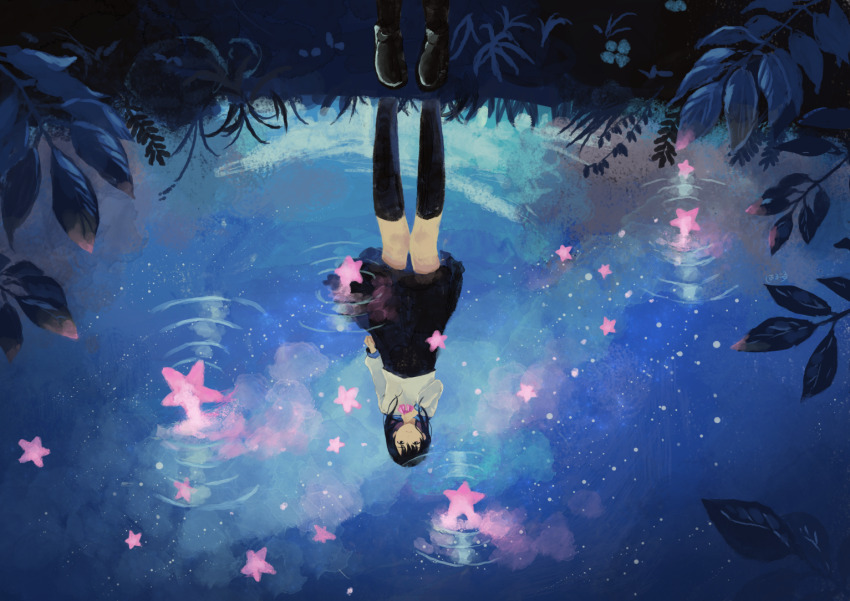 1girl adjusting_ascot ascot black_eyes black_hair black_shoes black_skirt black_socks closed_mouth commentary_request commission full_body grass hand_up harucoro25 kneehighs long_hair looking_at_viewer original outdoors pink_ascot pixiv_commission plant reflection reflective_water ripples shirt shoes skirt sky socks solo star_(sky) star_(symbol) starry_sky white_shirt