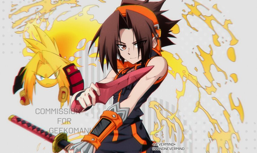 2boys amidamaru armor asakura_yoh bare_shoulders black_jacket brown_eyes brown_hair collarbone collared_jacket commission dagger dual_wielding ghost headphones highres holding holding_dagger holding_knife holding_sword holding_weapon jacket katana knife medium_hair multiple_boys shaman_king shoulder_armor sleeveless sleeveless_jacket smile sword upper_body watch weapon windnevermind wristwatch