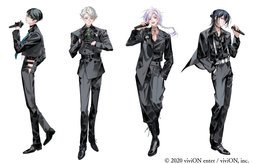 4boys :d aqua_eyes aqua_necktie belt belt_buckle black_belt black_choker black_footwear black_gloves black_hair black_jacket black_necktie black_pants black_shirt black_suit boots braid buckle buttons choker clock_over_orquesta closed_mouth collar_chain_(jewelry) collared_shirt copyright_notice cropped_jacket cuff_links curtained_hair double-breasted dress_pants earrings flipped_hair formal_clothes full_body glasses gloves green_eyes green_necktie grey_eyes grey_hair hair_between_eyes half_gloves half_updo hand_in_pocket hand_on_own_chest hand_up harumi_kazuto highres hip_vent holding holding_microphone jacket jewelry kokonoe_konoe lace-up_boots lapel_pin lapels lineup long_hair long_sleeves looking_at_viewer looking_to_the_side male_focus mature_male medium_hair microphone multicolored_hair multiple_boys necklace necktie notched_lapels official_art open_clothes open_jacket open_mouth pants parted_lips purple_eyes purple_hair round_eyewear shirt shirt_tucked_in shoes short_hair side_part sideways_glance single_braid single_sleeve smile standing streaked_hair suit suit_jacket suspenders swept_bangs teeth tenma_nanase thigh_belt thigh_strap tokito_reiji ugonba_(howatoro) upper_teeth_only white_background white_belt white_hair wrinkled_skin