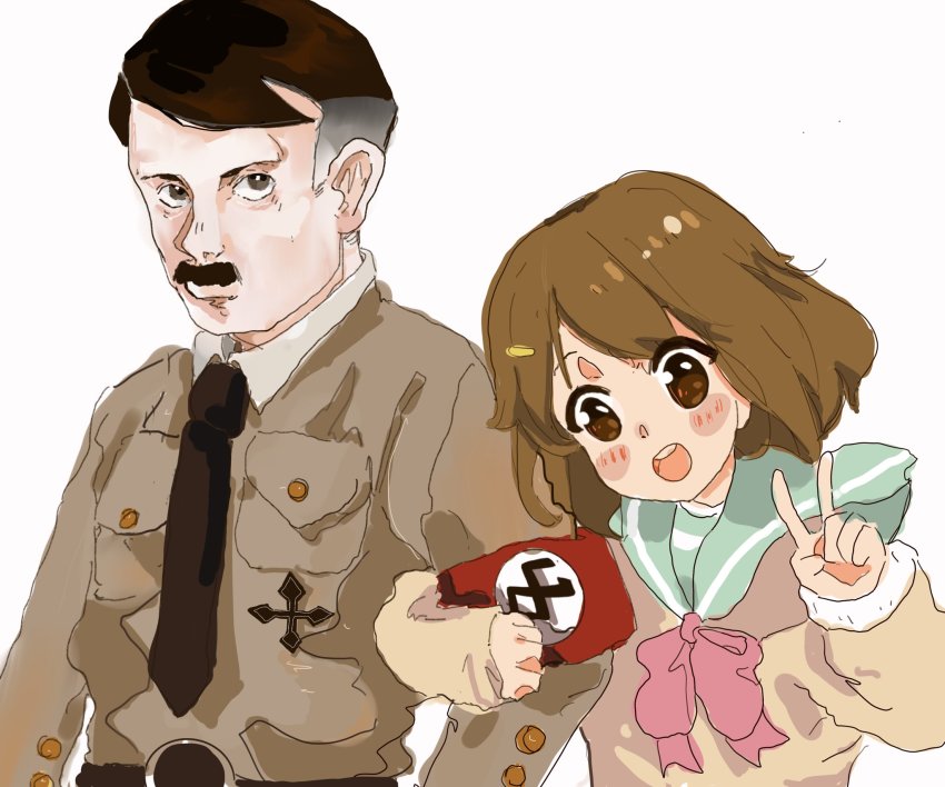 1boy 1girl adolf_hitler armband blush brown_eyes brown_hair facial_hair highres hirasawa_yui k-on! military military_uniform mustache school_uniform swastika white_background