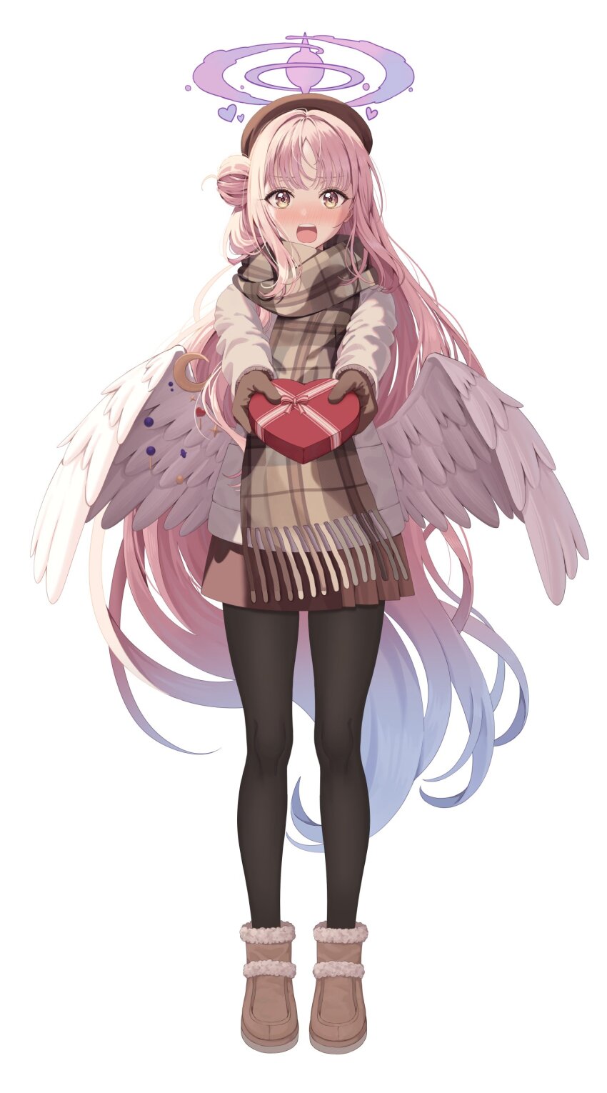 1girl absurdres angel_wings black_pantyhose blue_archive blush box brown_gloves brown_scarf commentary_request feathered_wings gift gift_box gloves hair_bun halo heart-shaped_box highres holding holding_gift long_hair long_sleeves looking_at_viewer mika_(blue_archive) ojyomu open_mouth pantyhose pink_hair pink_halo scarf simple_background single_side_bun solo standing valentine white_background white_wings wings yellow_eyes