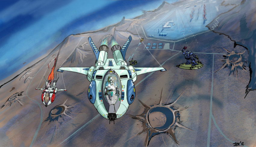1980s_(style) aircraft airplane alien armor battle bioroid cannon canopy choujikuu_kidan_southern_cross cockpit crater damaged desert dutch_angle energy_gun fire firing flying gun helmet jet mary_angel mecha military military_base military_uniform official_style oldschool pilot retro_artstyle road robot science_fiction signature southern_cross spacecraft starfighter tasc tasc-01-scf_logan tasc-02-scf_logan vehicle_focus weapon zor