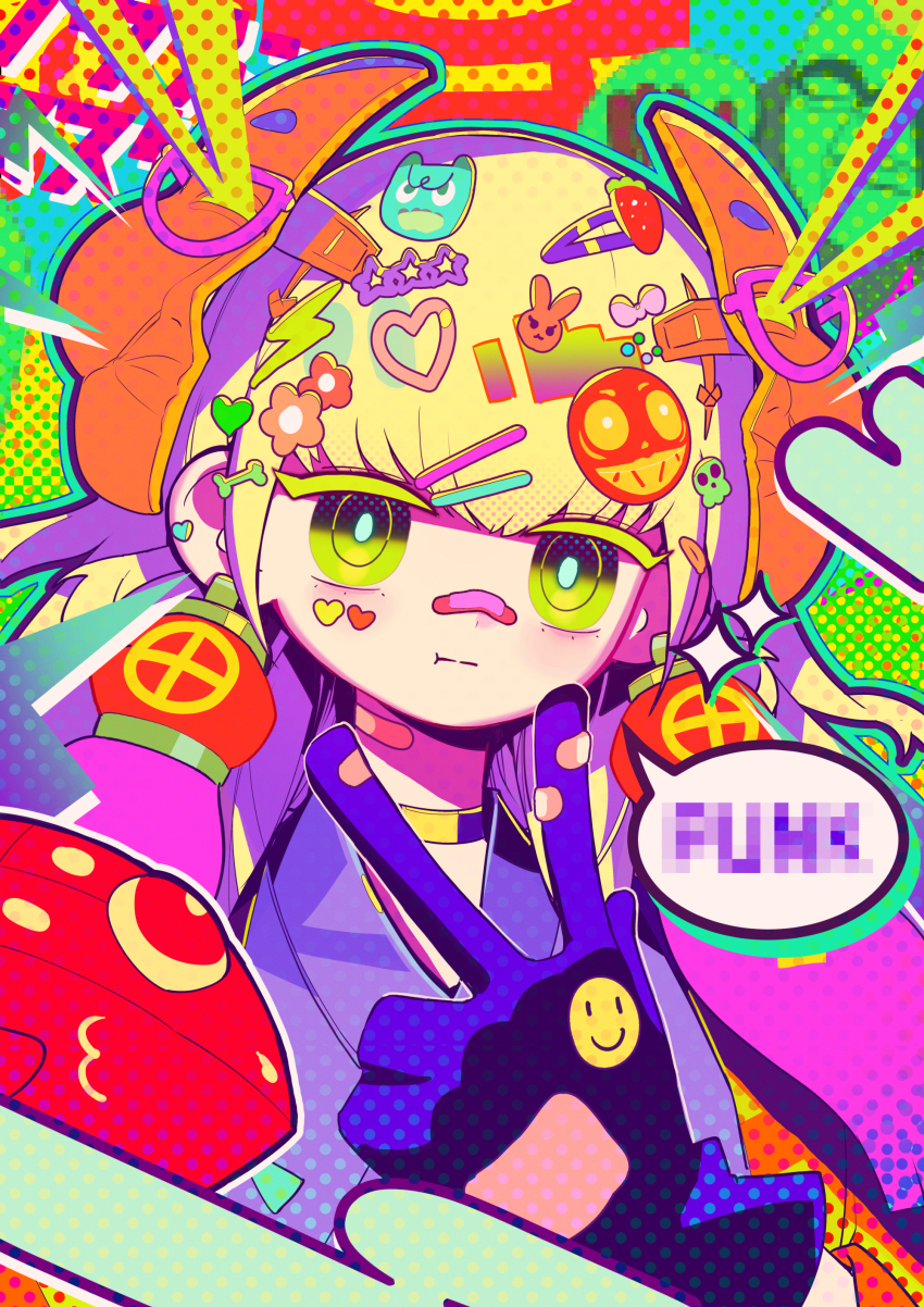 1girl :t absurdres blonde_hair censored censored_text duel_monster earrings gloves green_eyes hair_ornament headgear heart_sticker highres inward_w japanese_clothes jewelry kimono looking_at_viewer medium_hair mosaic_censoring neon_palette noh-p.u.n.k._ze_amin purple_kimono ro_g_(oowack) solo ultraviolet_light w yu-gi-oh!