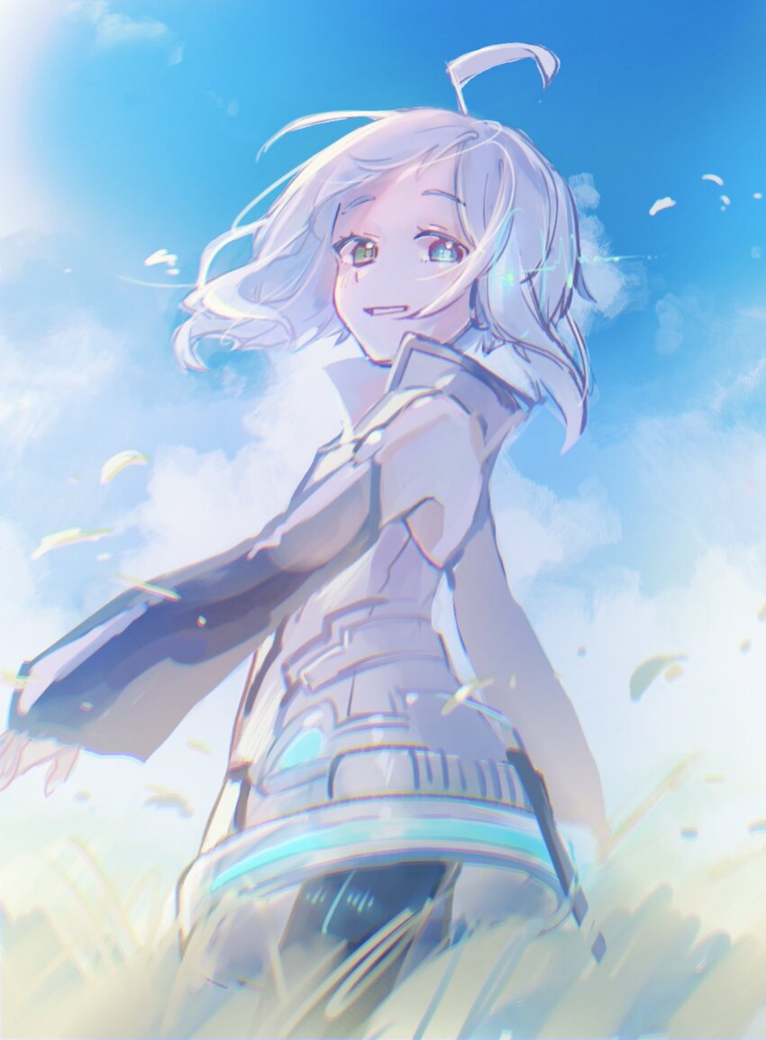 1boy ahoge androgynous bare_shoulders black_thighhighs blue_eyes cloud detached_sleeves floating_hair grass green_eyes headphones heterochromia highres huge_ahoge jacket looking_at_viewer male_focus mi_no_take outdoors short_hair sky sleeveless sleeveless_jacket smile solo teeth thighhighs utatane_piko vocaloid white_jacket