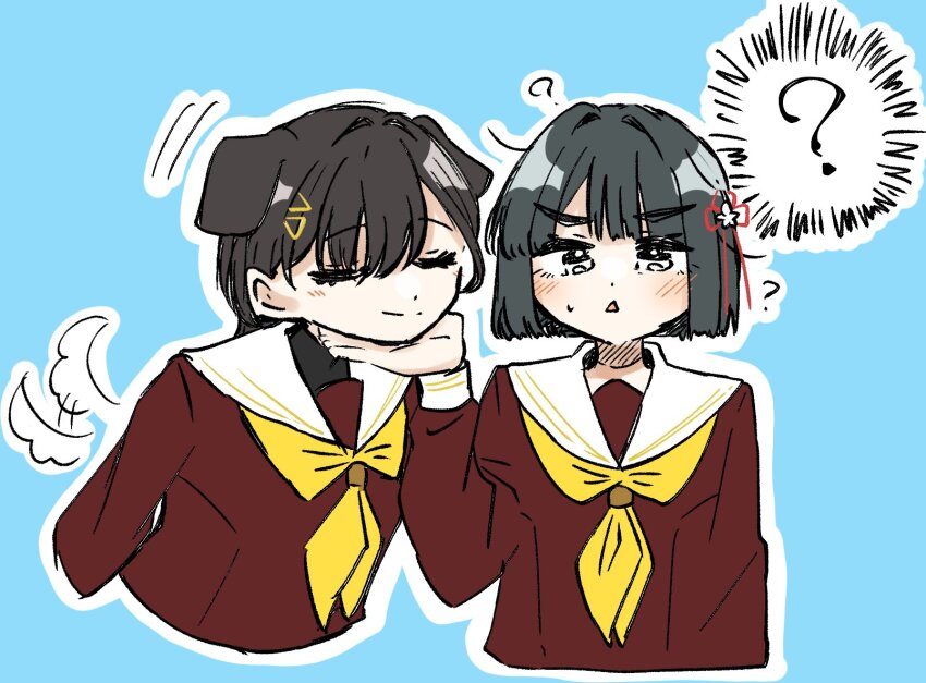 2girls ? animal_ears black_hair blue_background blunt_bangs blunt_ends blush bob_cut brown_dress chin_on_palm_challenge closed_eyes closed_mouth commentary cropped_torso dog_ears dog_girl drawn_tail dress flower flower_knot hair_flower hair_intakes hair_ornament hand_on_another&#039;s_chin hasu_no_sora_school_uniform highres katsuragi_izumi kemonomimi_mode link!_like!_love_live! long_hair long_sleeves love_live! momose_ginko motion_lines multiple_girls neckerchief outline parted_lips puripuri_hurai sailor_collar sailor_dress school_uniform short_hair simple_background smile split_mouth tail tail_wagging triangle_mouth u_u v-shaped_eyebrows virtual_youtuber white_flower white_outline white_sailor_collar winter_uniform wolf_cut yellow_neckerchief