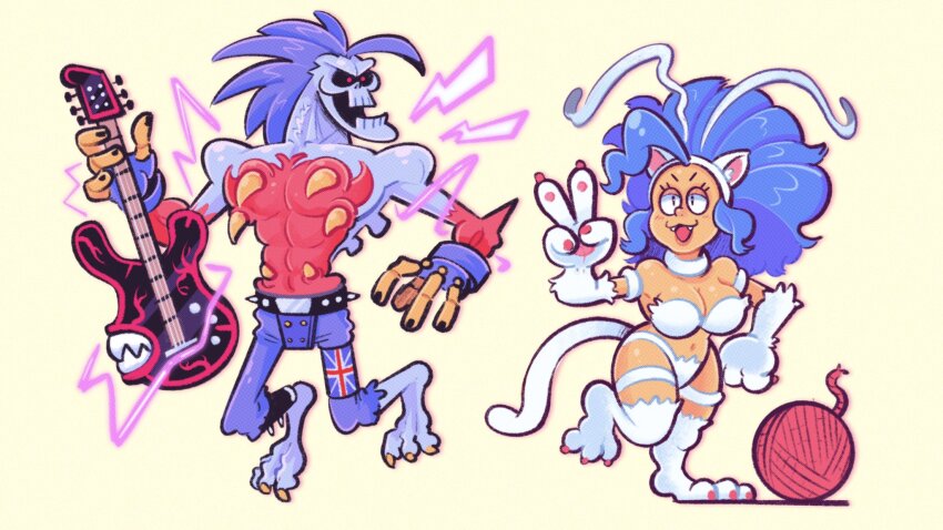 1boy 1girl animal_ears animal_hands bare_shoulders barefoot belt big_hair blue_hair blue_skin blush body_fur breasts cartoonized cat_ears cat_girl cat_paws cat_tail claws colored_skin commentary darkstalkers english_commentary felicia_(darkstalkers) fingerless_gloves ghoul gloves guitar highres instrument large_breasts long_hair lord_raptor mostlyghostly navel open_mouth purple_lightning red_eyes simple_background skeletal_hand smile tail toon_(style) union_jack v white_fur yarn yarn_ball zombie