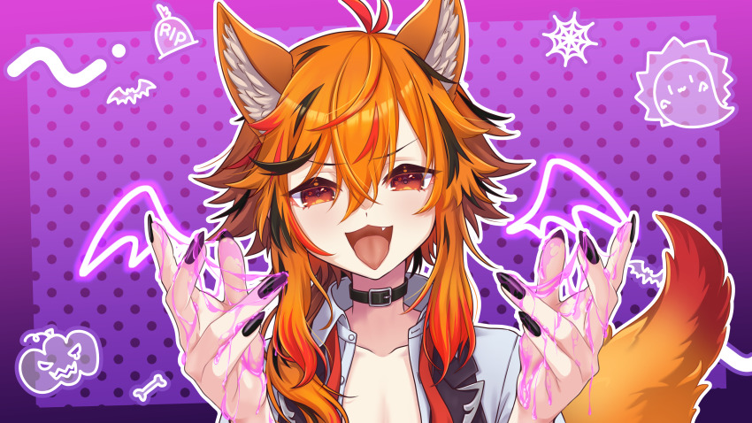 1girl absurdres animal_ears belt belt_collar black_belt black_hair black_nails black_vest collar collarbone fang fingernails fox_ears fox_girl fox_tail hair_between_eyes highres kazami_kuku kemonomimi_mode large_variant_set long_bangs long_hair looking_at_viewer multicolored_hair nail_polish nanashi_inc. open_clothes open_mouth open_shirt open_vest orange_eyes orange_hair red_hair reona_kfc02 shirt slime_(substance) smile solo tail tongue tongue_out upper_body v-shaped_eyebrows variant_set vest virtual_youtuber white_shirt