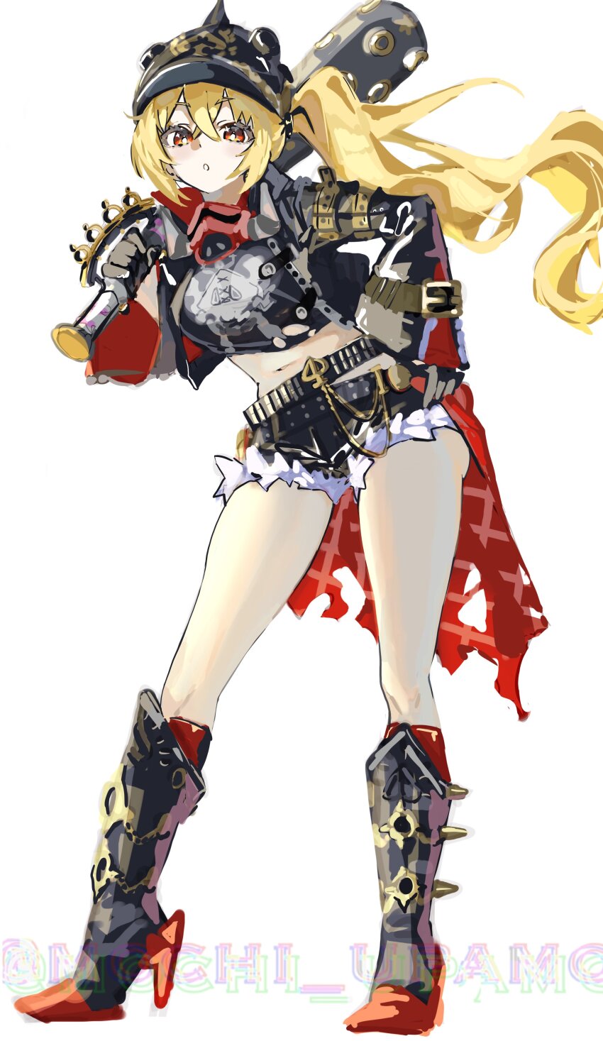 1girl absurdres baseball_bat belt belt_buckle black_belt black_gloves black_helmet black_jacket black_shorts blonde_hair boots brass_knuckles buckle combat_helmet crop_top full_body fur-trimmed_shorts fur_trim gloves helmet highres holding holding_baseball_bat jacket knee_boots long_hair long_sleeves looking_at_viewer luciana_de_montefio mask mask_around_neck metal_baseball_bat micro_shorts mochi_upamo navel pickelhaube red_eyes respirator shorts side_ponytail simple_background sketch solo spiked_boots unworn_belt unworn_mask weapon white_background wide_sleeves zenless_zone_zero