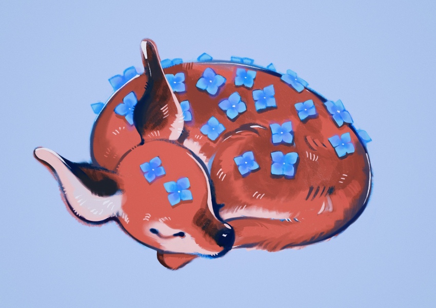animal animal_focus blue_background blue_flower blue_theme brown_fur closed_eyes closed_mouth commentary curled_up deer ears_up english_commentary fawn flower full_body highres hydrangea lying meyoco no_humans original pastel_colors simple_background sleeping sleeping_animal