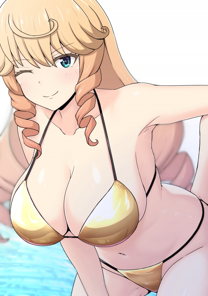 1girl ;) absurdres alice_gear_aegis bikini blonde_hair breasts closed_mouth commentary drill_hair drill_sidelocks gold_bikini green_eyes guchiaki hand_on_own_hip highres large_breasts leaning_forward long_hair looking_at_viewer micro_bikini navel nicole_francisca one_eye_closed satin_bikini shiny_swimsuit sideboob sidelocks smile solo string_bikini swimsuit very_long_hair water yellow_bikini