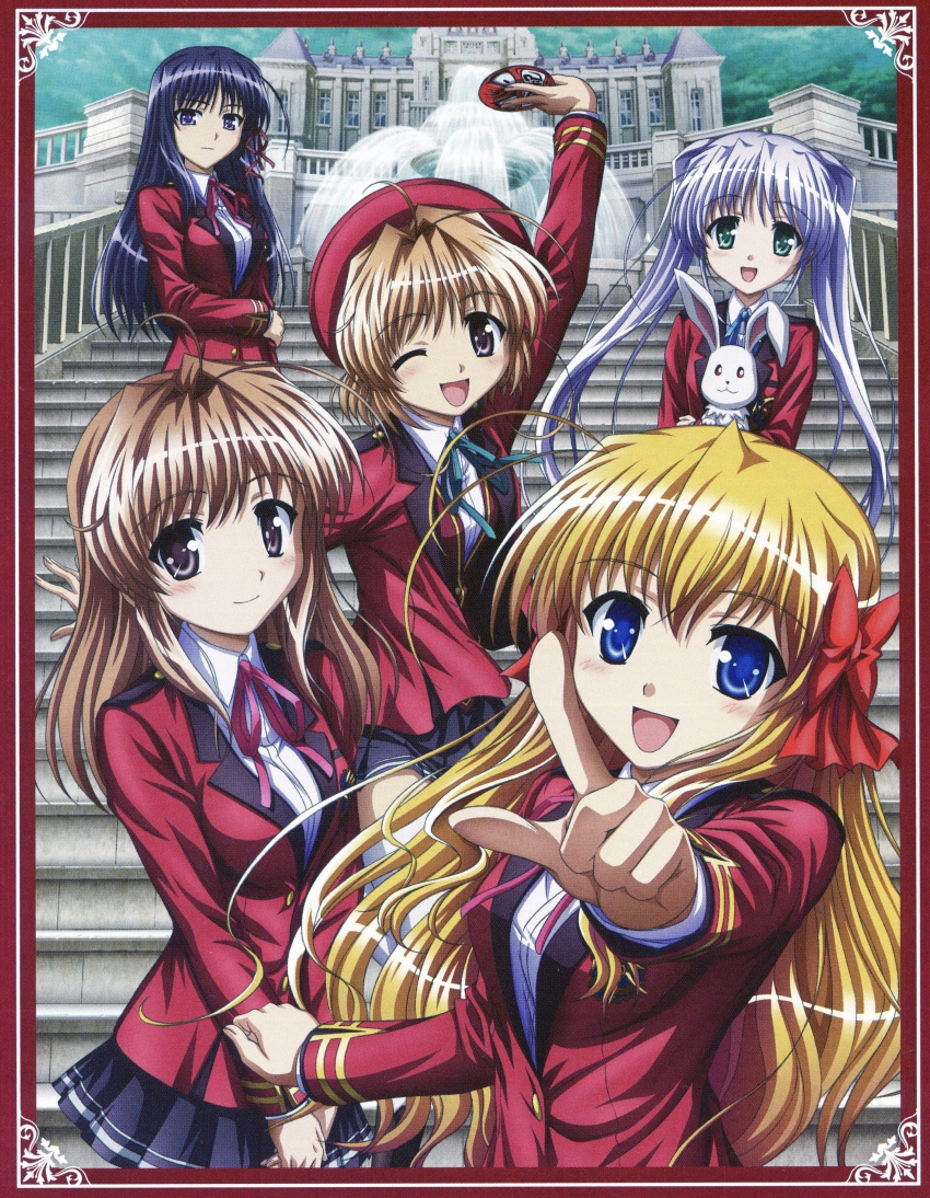 5girls absurdres black_hair blonde_hair blue_eyes brown_eyes brown_hair building rabbit fortune_arterial fountain green_eyes highres kuze_kiriha long_hair multiple_girls official_art purple_eyes purple_hair scan scan_artifacts school_uniform sendou_erika short_hair sisters stairs tougi_shiro twintails yuuki_haruna yuuki_kanade