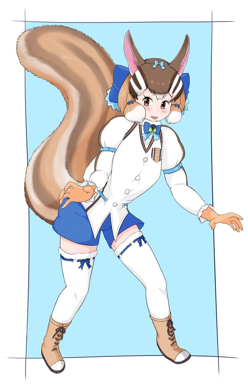 1girl absurdres animal_ears blue_background boots brown_eyes brown_hair chipmunk_ears chipmunk_girl chipmunk_tail extra_ears full_body gloves highres kemono_friends kemono_friends_v_project looking_at_viewer microphone oaug241 ribbon shirt short_hair shorts siberian_chipmunk_(kemono_friends) simple_background solo tail thighhighs vest virtual_youtuber