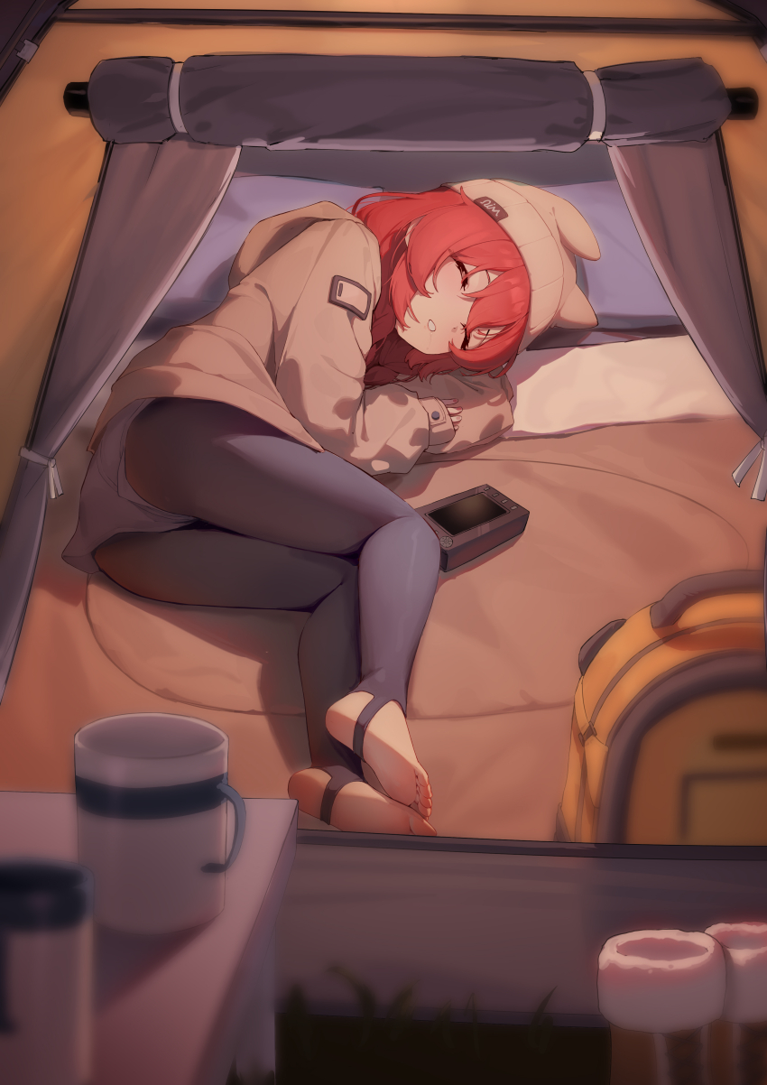 1girl absurdres ass barefoot beanie black_pantyhose blue_archive blush closed_eyes feet halo hat highres hood hoodie liwen520 long_hair long_sleeves lying maki_(blue_archive) maki_(camp)_(blue_archive) official_alternate_costume official_alternate_hairstyle on_side pantyhose red_hair sleeping soles solo stirrup_legwear tent toeless_legwear toes