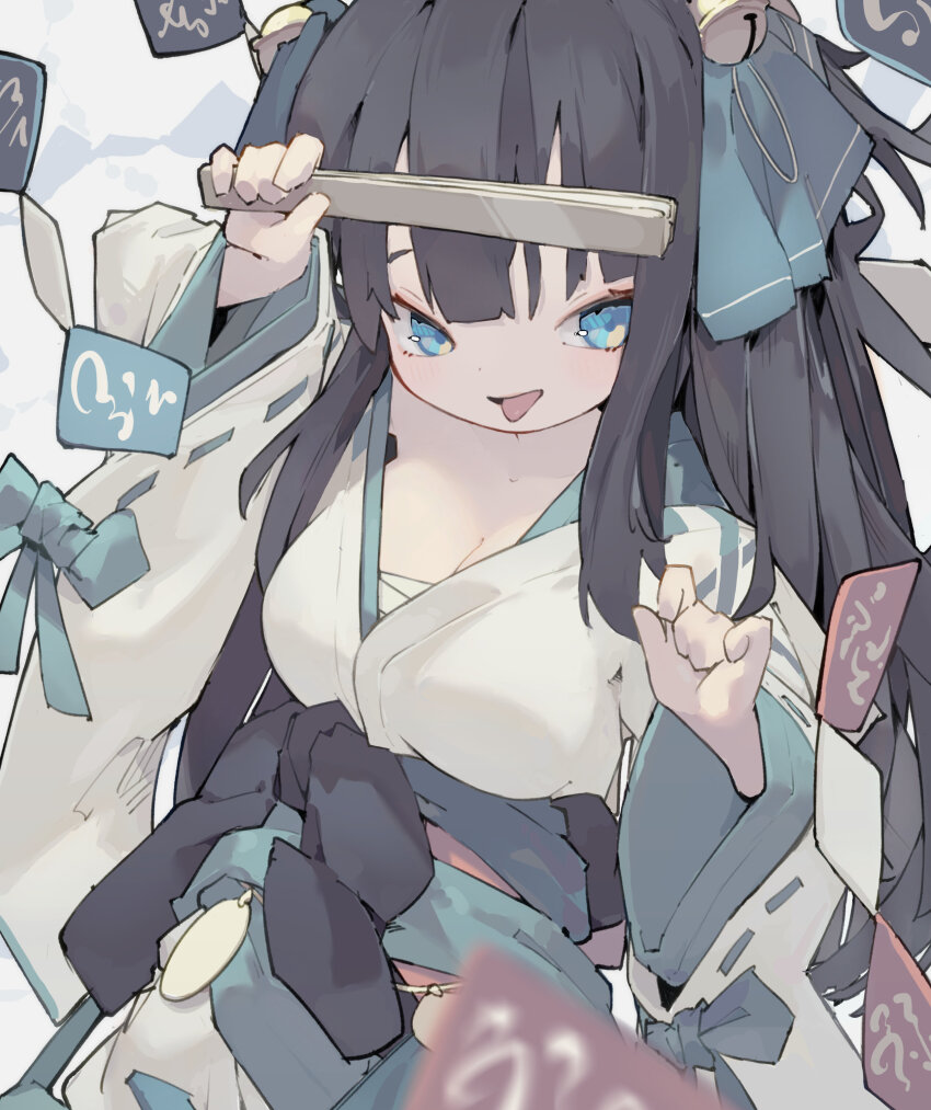 1girl absurdres aqua_ribbon bell black_bow black_hair blue_eyes bow breasts chest_sarashi cleavage commentary dated_commentary folded_fan folding_fan hair_bell hair_ornament hair_ribbon hand_fan highres holding holding_fan japanese_clothes kimono large_breasts long_hair long_sleeves nep_(nep_76) original ribbon ribbon-trimmed_sleeves ribbon_trim sarashi solo symbol-only_commentary white_kimono wide_sleeves