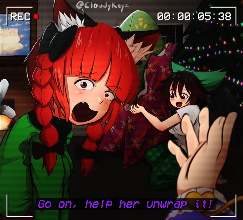 3girls animal_ears artist_name black_bow blush bow braid breasts brown_hair cat_ears cat_girl cat_tail christmas christmas_tree cloudykeyz commentary english_commentary explosion fang fireplace frilled_sleeves frills green_bow green_skirt hair_bow happy heart highres indoors kaenbyou_rin komeiji_satori long_sleeves looking_at_viewer medium_breasts medium_hair multiple_girls multiple_tails nuclear_explosion open_mouth pov pov_hands red_eyes red_hair reiuji_utsuho shirt short_sleeves skirt small_breasts tail touhou twin_braids twitter_username two_tails viewfinder white_shirt window