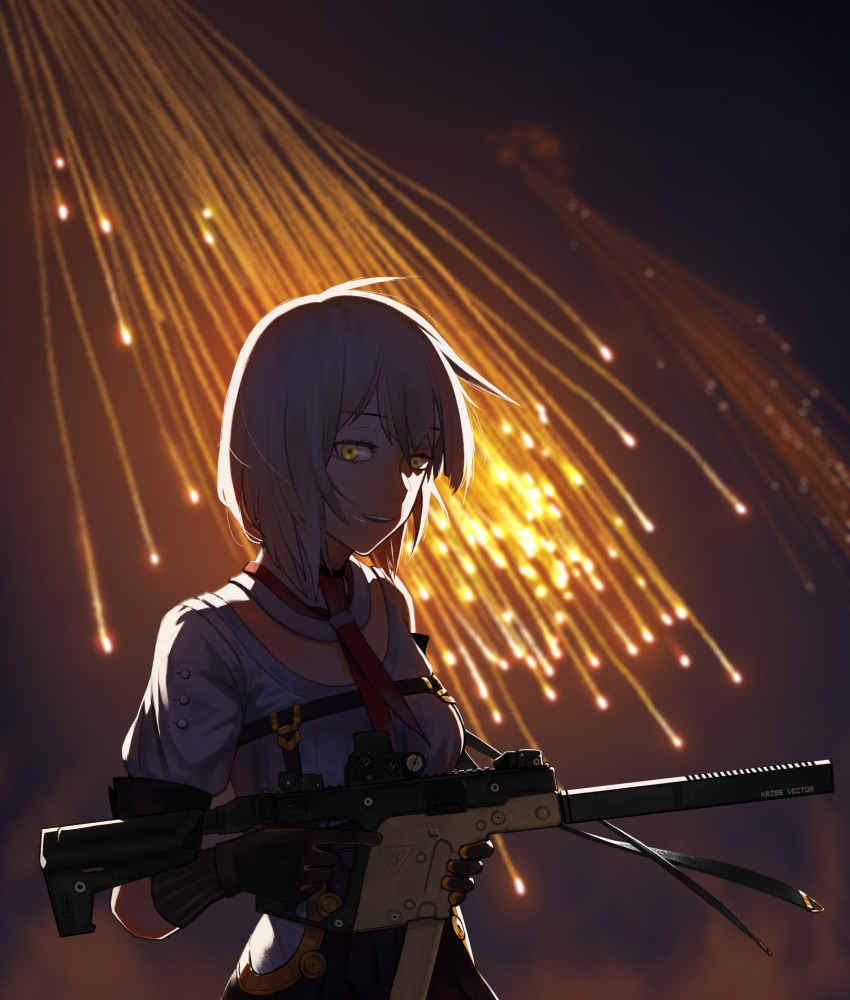 1girl absurdres backlighting black_gloves blurry blurry_background breasts commentary dark flare girls&#039;_frontline gloves gun highres holding holding_gun holding_weapon huqu kriss_usa kriss_vector looking_at_viewer magpul necktie night osprey_45 outdoors parted_lips polygonal_suppressor puffy_short_sleeves puffy_sleeves red_necktie shirt short_hair short_sleeves sidelocks silencerco silver_hair smile solo submachine_gun suppressor transformational_defense_industries trigger_discipline upper_body vector_(girls&#039;_frontline) weapon weapon_name white_shirt yellow_eyes