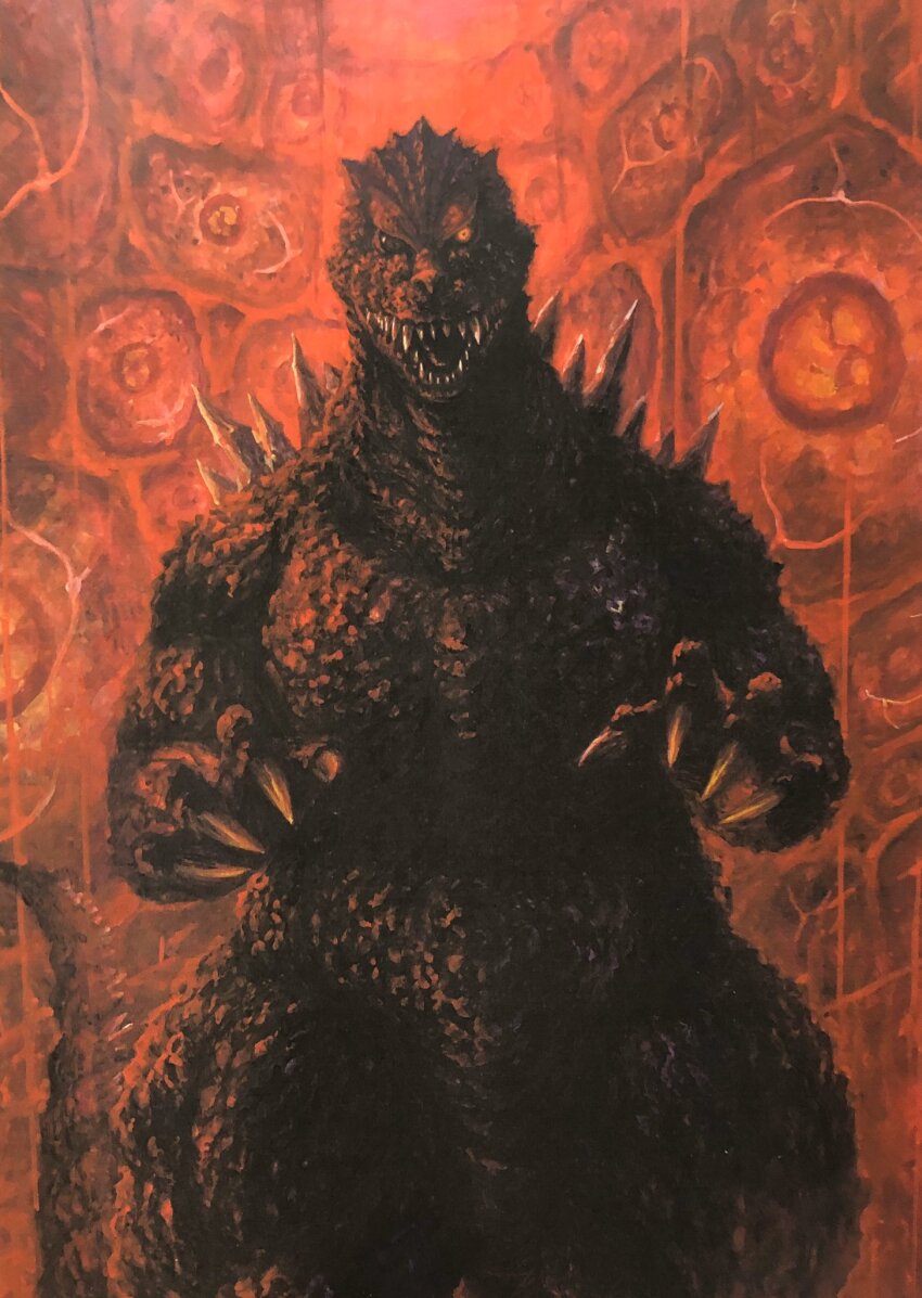 biology cell_(biology) dinosaur g.n.a glowing glowing_eyes godzilla godzilla_(series) godzilla_2000:_millennium highres kaiju looking_at_viewer no_humans red_eyes sharp_teeth spikes teeth toho