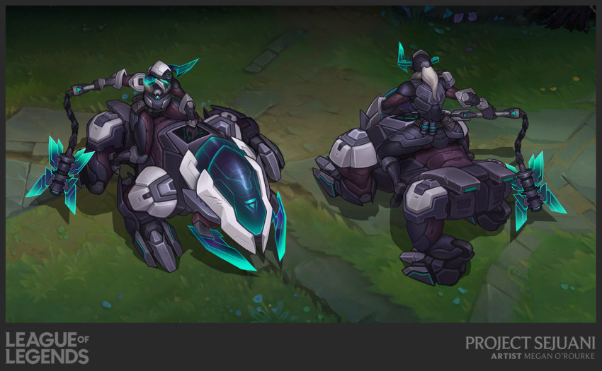 1girl android animal armor artist_name black_gloves bristle broken_horn character_name copyright_name from_behind gloves helmet highres holding holding_weapon horns league_of_legends multiple_views outdoors power_armor project:_sejuani sejuani sitting standing vegacolors weapon