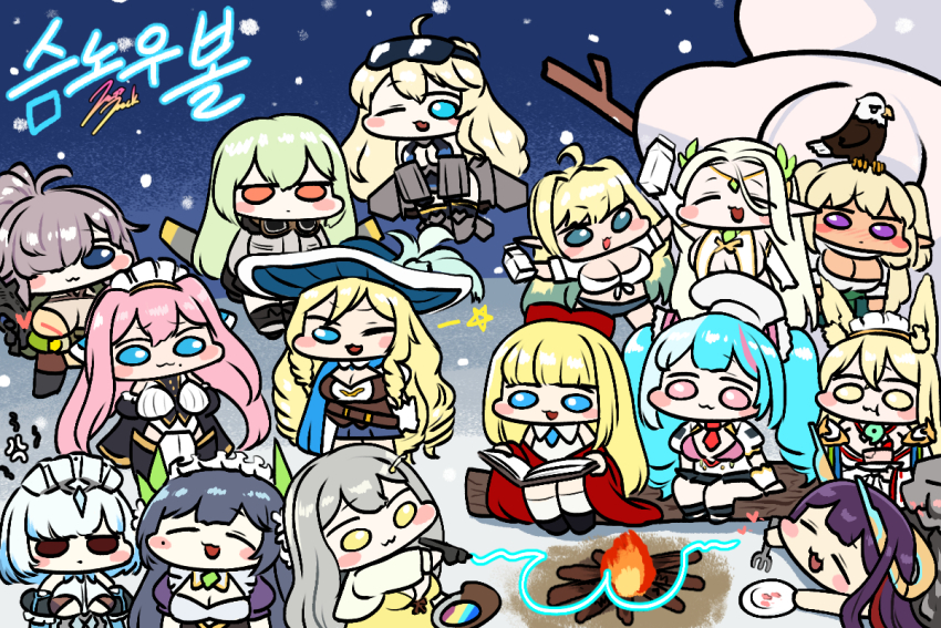 :3 ahoge animal_ears aurora_(last_origin) banshee_(last_origin) blonde_hair blue_eyes blue_hair blush_stickers book campfire cardinal_armand cerestia_of_life charlotte_(last_origin) chef chef_hat chef chibi dark_elf dark_elven_forest_ranger dark_skin echidna_(last_origin) elf elven_forest_maker expressionless eyewear_on_head fire fork fox_ears fox_girl gnome_(last_origin) green_hair grey_hair gun harpyia_(last_origin) hat hirume_of_heavenly_incense jazz_jack jitome last_origin maid_headdress mery_(last_origin) milk_carton mole mole_under_eye mole_under_mouth multicolored_hair musketeer oberonia_rhea orange_eyes pink_hair pointy_ears purple_eyes purple_hair revealing_clothes serapias_alice shorts signature snowflakes snowman sunglasses titania_frost trait_connection two-tone_hair two_side_up weapon