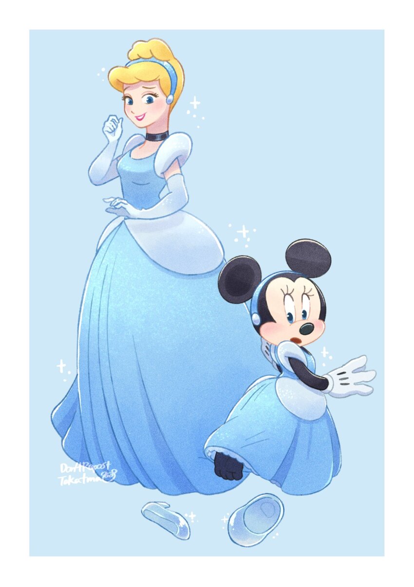 2girls animal_ears blonde_hair blue_dress blue_eyes choker cinderella cinderella_(disney) cinderella_(disney)_(cosplay) company_connection cosplay disney dress earrings elbow_gloves glass_slipper gloves hair_bun hairband highres jewelry long_hair looking_at_viewer mickey_mouse_&amp;_friends minnie_mouse mouse_ears multiple_girls short_hair smile takatmaorange