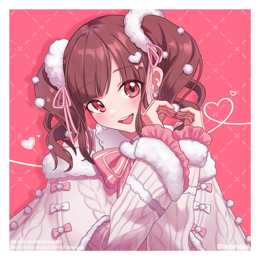 1girl argyle_background blush border brown_hair capelet commentary_request dotted_line fur-trimmed_capelet fur_trim hair_ornament hair_ribbon heart heart_hands highres idolmaster idolmaster_shiny_colors ipomopi long_hair long_sleeves looking_at_viewer pink_ribbon pom_pom_(clothes) pom_pom_hair_ornament red_eyes ribbon smile solo sonoda_chiyoko twintails upper_body white_border white_capelet