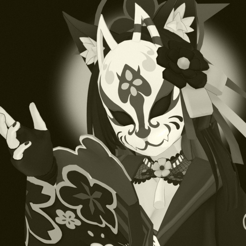 1girl album_cover_redraw animal_ear_fluff animal_ears blue_archive bow chromakopia derivative_work fingerless_gloves flower fox_ears fox_girl gloves greyscale hair_bow hair_flower hair_ornament hanstno head_tilt mask monochrome open_hand sailor_collar sleeves_past_wrists solo textless_version tyler_the_creator wakamo_(blue_archive) wide_sleeves