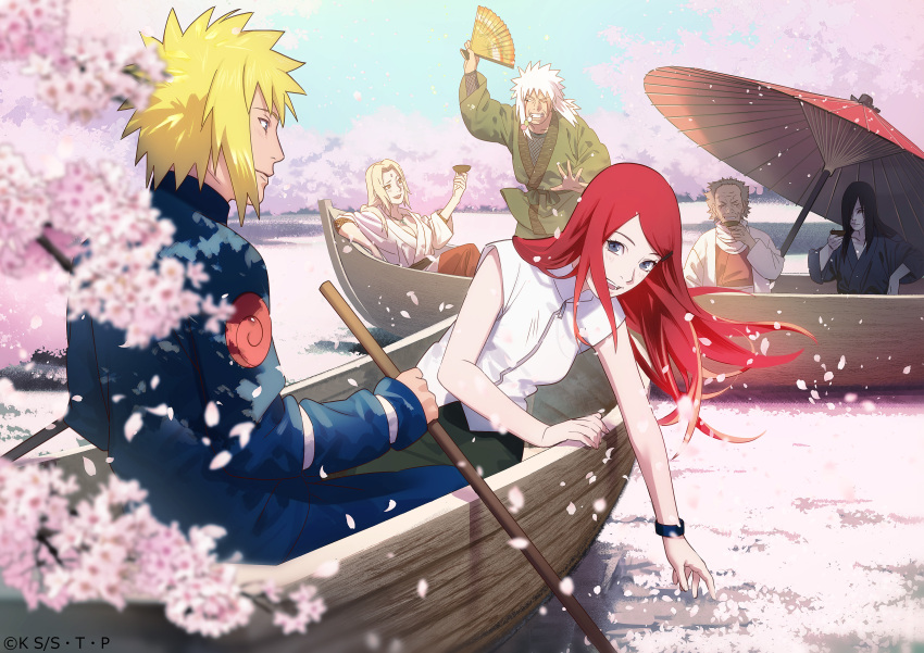 absurdres alternate_costume black_hair blonde_hair blue_eyes blush boat brown_eyes cherry_blossoms cup dango dark-skinned_male dark_skin drinking_glass facial_mark food forehead_mark hand_fan highres holding holding_cup holding_oar husband_and_wife japanese_clothes jiraiya_(naruto) kimono long_hair looking_at_another multiple_boys multiple_girls namikaze_minato naruto_(series) oar official_art official_couple old old_man one_eye_closed orochimaru_(naruto) pale_skin red_hair rowing sarutobi_hiruzen short_hair smile spiked_hair teacher_and_student tsunade_(naruto) umbrella uzumaki_kushina wagashi watercraft white_hair wine_glass wink wrinkled_skin