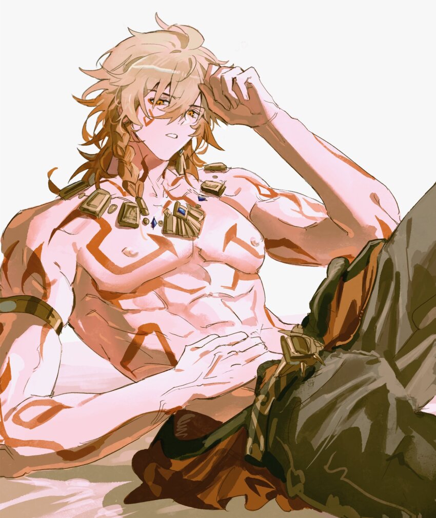 1boy abs arm_tattoo armlet bad_id bad_twitter_id black_pants blonde_hair braid cape chest_tattoo dada_dain earrings facial_tattoo gold_earrings gold_necklace gradient_hair hair_between_eyes hand_on_own_head highres honkai:_star_rail honkai_(series) jewelry large_pectorals looking_at_viewer male_focus medium_hair multicolored_hair muscular muscular_male mydei_(honkai:_star_rail) necklace pants parted_lips pectorals red_cape red_hair red_tattoo side_braid simple_background sitting solo tattoo topless_male waist_cape white_background yellow_eyes