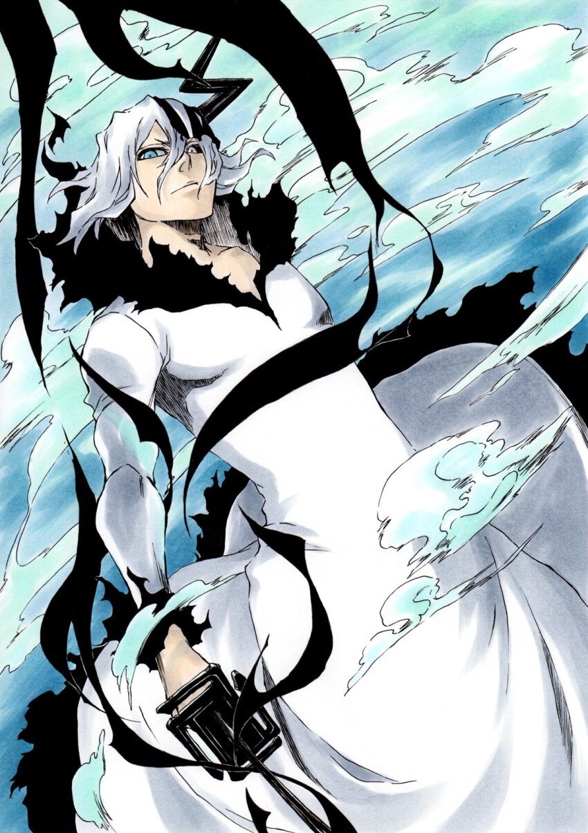 1boy black_sclera bleach blue_background blue_eyes closed_mouth colored_sclera dutch_angle energy feet_out_of_frame fighting_stance floating_clothes floating_hair fur-trimmed_jacket fur_trim grey_eyes hair_between_eyes heterochromia highres holding holding_sword holding_weapon horns jacket katana ken&#039;ichi_(ken1ro_u) kubo_tite_(style) long_sleeves looking_at_viewer male_focus medium_hair official_style serious simple_background solo sword tensa_zangetsu_(bankai) underwater v-shaped_eyebrows weapon white_hair white_jacket zangetsu_(bleach)