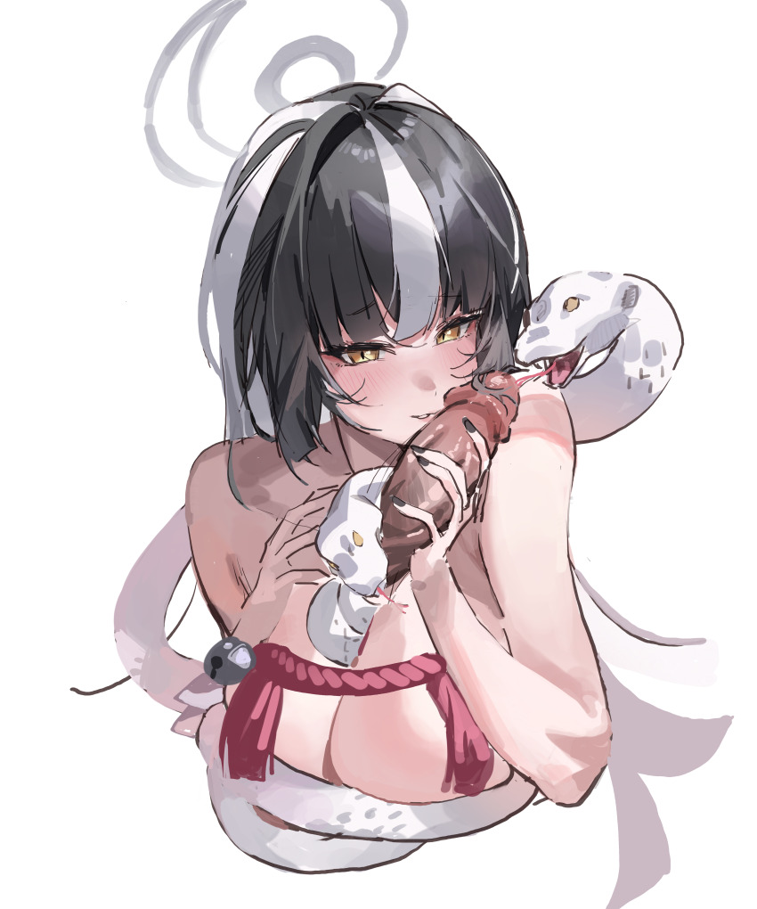 1boy 1girl absurdres azami_(blue_archive) black_hair black_nails blue_archive breasts chun_nam cleavage cropped_torso disembodied_penis erection grey_halo halo hetero highres large_breasts long_hair looking_at_viewer penis simple_background snake solo_focus uncensored upper_body white_background white_hair yellow_eyes