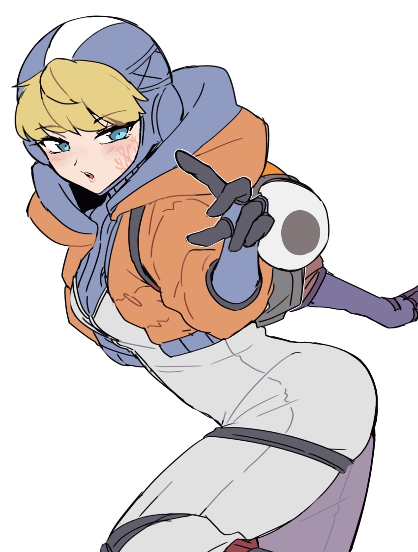 1girl animification apex_legends blonde_hair blue_eyes blue_gloves bodysuit commentary facial_scar from_side gloves highres hood hood_down hood_up hooded_jacket jacket leaning_forward nojima_minami open_hand open_mouth orange_jacket ribbed_bodysuit scar scar_on_cheek scar_on_face solo symbol-only_commentary wattson_(apex_legends) white_background white_bodysuit
