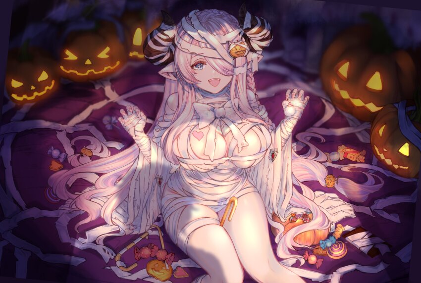 1girl absurdres bandaged_horn blue_eyes braid breasts candy claw_pose draph food granblue_fantasy hair_ornament hair_over_one_eye halloween hands_up highres horns jack-o&#039;-lantern keqikehe large_breasts long_hair looking_at_viewer mummy_costume nail_polish narmaya_(granblue_fantasy) open_mouth pink_hair pink_nails pointy_ears smile solo thighs very_long_hair