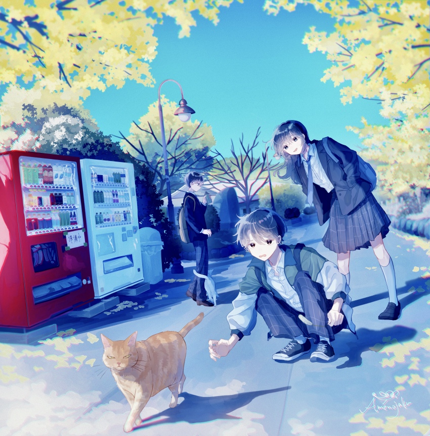 1girl 2boys absurdres amenojaku backpack bag black_hair black_jacket black_pants black_shoes black_skirt blue_bag blue_necktie bottle brown_eyes brown_shoes cat chromatic_aberration collared_shirt commentary_request drink full_body green_bag green_eyes hands_in_pockets highres holding holding_bottle jacket long_hair multiple_boys necktie open_clothes open_jacket original pants plaid_clothes plaid_pants plaid_skirt pleated_skirt profile shirt shoes short_hair signature skirt socks standing tree vending_machine white_shirt white_socks