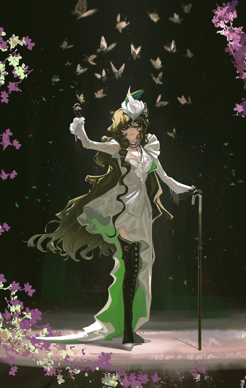 1girl absurdres arm_up black_boots black_gloves black_hair boots bug butterfly butterfly_on_hand cane curly_hair d_(d0487633727640) dark_background dress fishnet_veil flower fold-over_boots full_body gloves grey_dress grin hand_up hat high-low_skirt highres holding holding_cane insect isolde_(and_all_that_jazz)_(reverse:1999) isolde_(reverse:1999) long_hair long_sleeves looking_at_viewer official_alternate_costume purple_eyes purple_flower reverse:1999 smile solo standing thigh_boots too_many too_many_butterflies very_long_hair white_hat yellow_butterfly