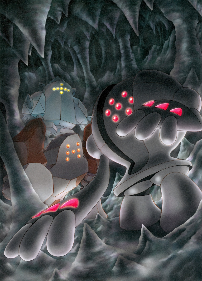 3others absurdres cave full_body game_freak gen_3_pokemon glowing glowing_eyes highres legendary_pokemon looking_at_viewer multiple_others nature neon_lights nintendo no_humans official_art pokemon pokemon_(creature) pokemon_tcg regice regirock registeel rock saitou_kouki scan shade shaded_face standing