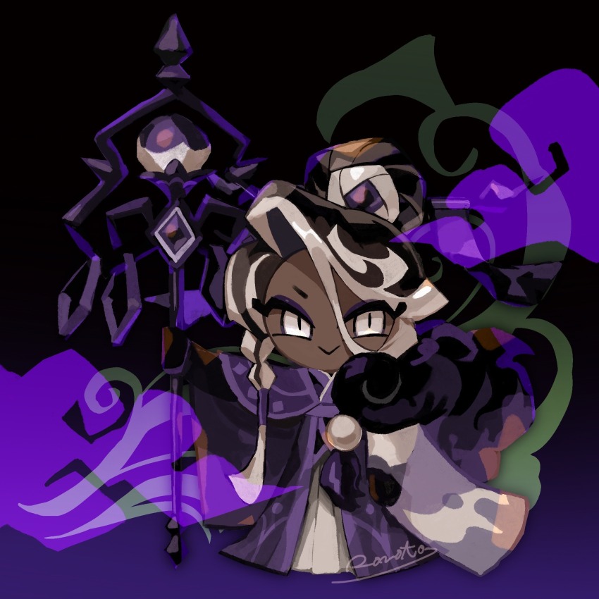 1boy affogato_cookie artist_name black_background braid closed_mouth cookie_run cookie_run:_kingdom dark-skinned_male dark_skin full_body hair_between_eyes highres holding holding_staff japanese_clothes kimono long_hair long_sleeves looking_at_viewer male_focus multicolored_hair no_sclera purple_kimono rn9j see-through_clothes see-through_sleeves simple_background slit_pupils smile solo staff standing streaked_hair trap two-tone_hair white_eyes
