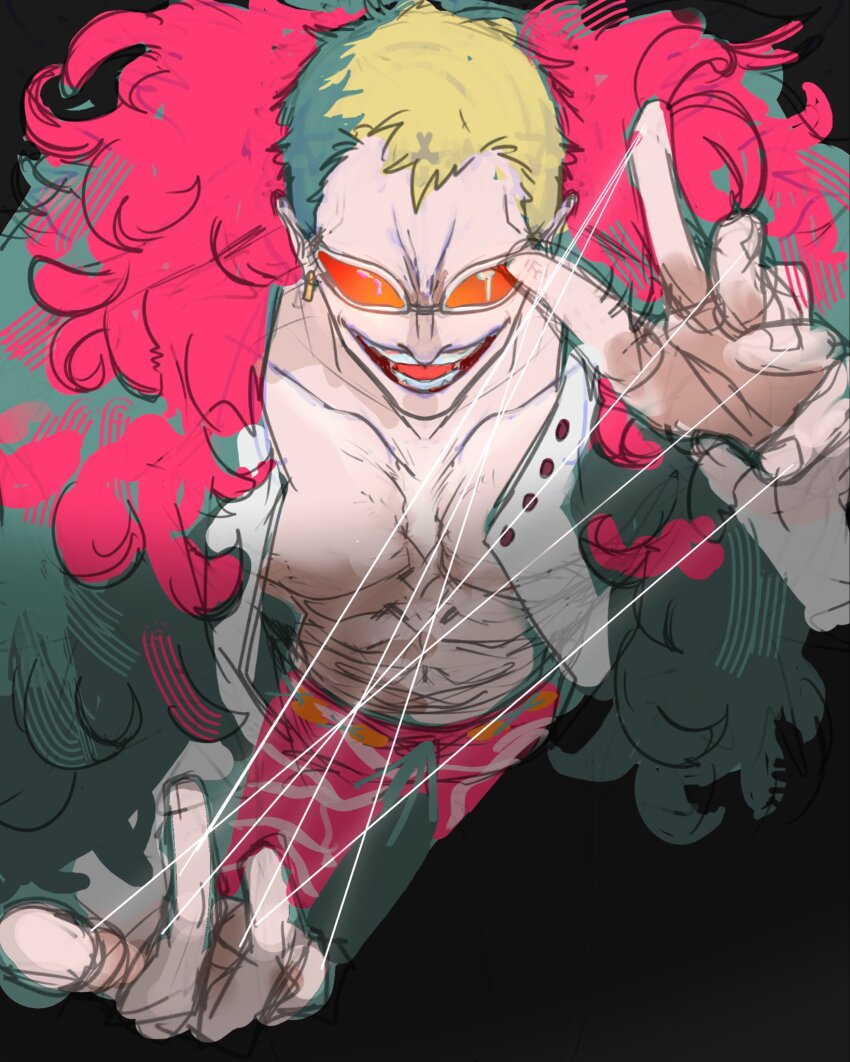 1boy abs blonde_hair coat devil_fruit_power donquixote_doflamingo evil_smile feather_coat feathered_coat foreshortening highres male_focus muscular muscular_male no_eyebrows octo33 one_piece open_clothes pectoral_cleavage pectorals pink_coat short_hair smile sunglasses thread unfinished