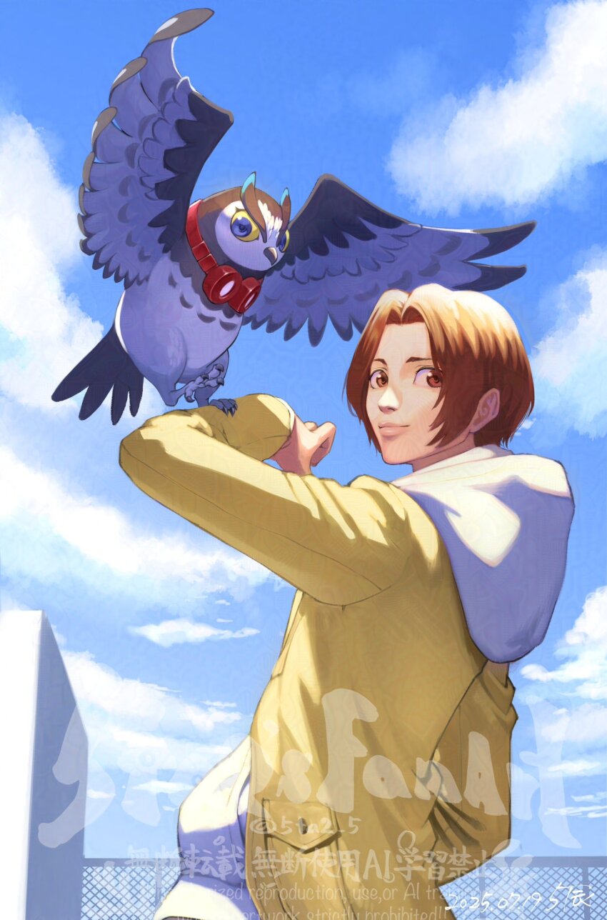 1boy 5tatsu animal_on_arm bird bird_on_arm blue_eyes brown_eyes brown_hair cloud cloudy_sky goggles goggles_around_neck highres hood hood_down hoodie jacket kamishiro_nagisa lufel_(owl)_(p5x) lufel_(p5x) male_focus on_rooftop owl parted_bangs persona persona_5 persona_5:_the_phantom_x short_hair sky upper_body white_hoodie yellow_jacket