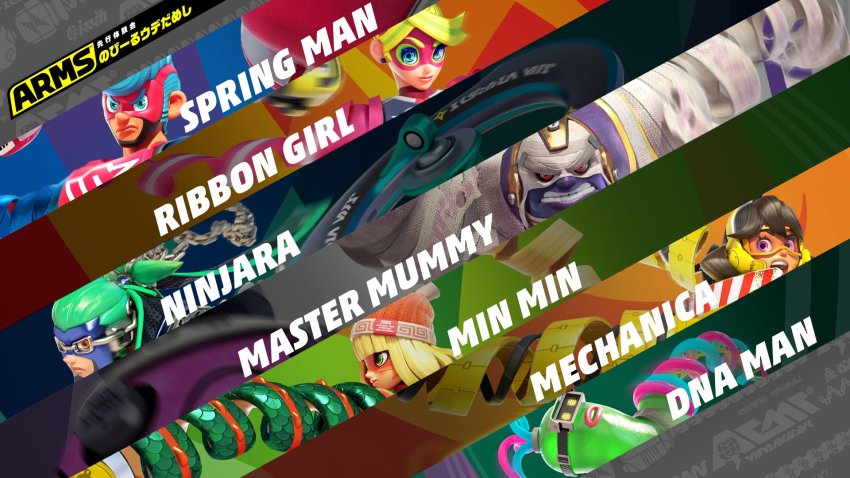 3d 3girls 4boys @_@ arms_(game) artist_request beanie black_sclera blonde_hair blue_eyes blue_hair brown_hair chain character_name colored_sclera colored_skin copyright_name cut-in dna_man_(arms) domino_mask goggles green_eyes green_hair hat highres mask master_mummy_(arms) min_min_(arms) multiple_boys multiple_girls mummy ninjara_(arms) official_art official_wallpaper orange_headwear purple_eyes purple_skin ribbon_girl_(arms) short_hair spring_man_(arms) v-shaped_eyebrows