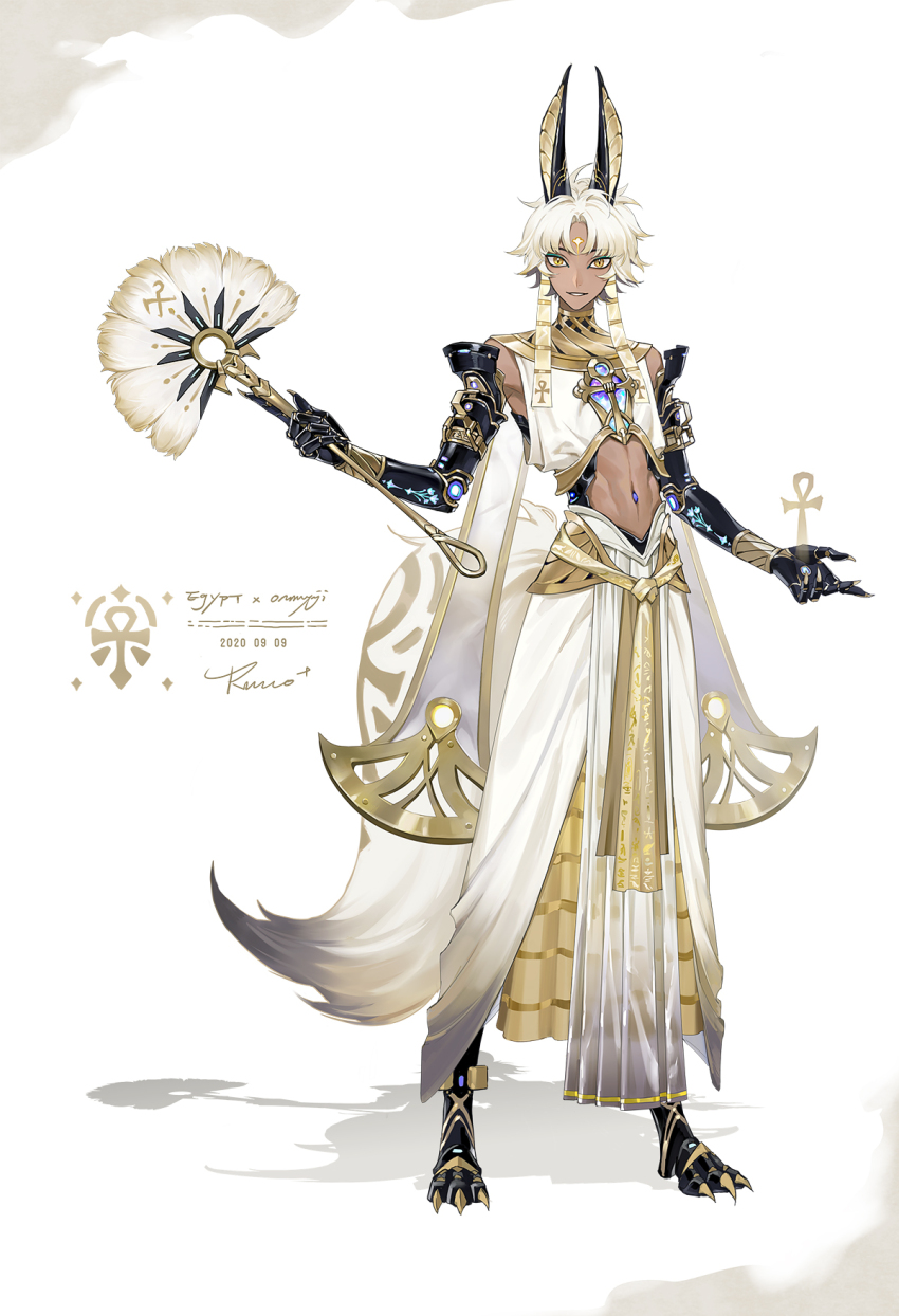 1boy alternate_costume ancient_egyptian ancient_egyptian_clothes animal_ears artist_name black_gloves closed_mouth dark-skinned_male dark_skin earrings english_text fox_ears full_body gauntlets gloves gold_trim hand_fan highres holding holding_fan jewelry looking_at_viewer male_focus navel onmyoji ru_(famia) short_hair simple_background solo standing tail white_background white_hair yellow_eyes youko_(onmyoji)