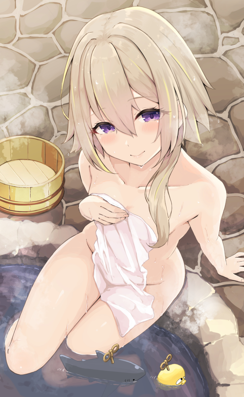 1girl absurdres blonde_hair breasts hair_between_eyes half-closed_eyes highres hiyoku_no_crosspiece ieiri_popo long_hair looking_at_viewer medium_breasts naked_towel nanashi_inc. onsen purple_eyes smile solo steam stuffed_animal stuffed_shark stuffed_toy temari_rin towel virtual_youtuber