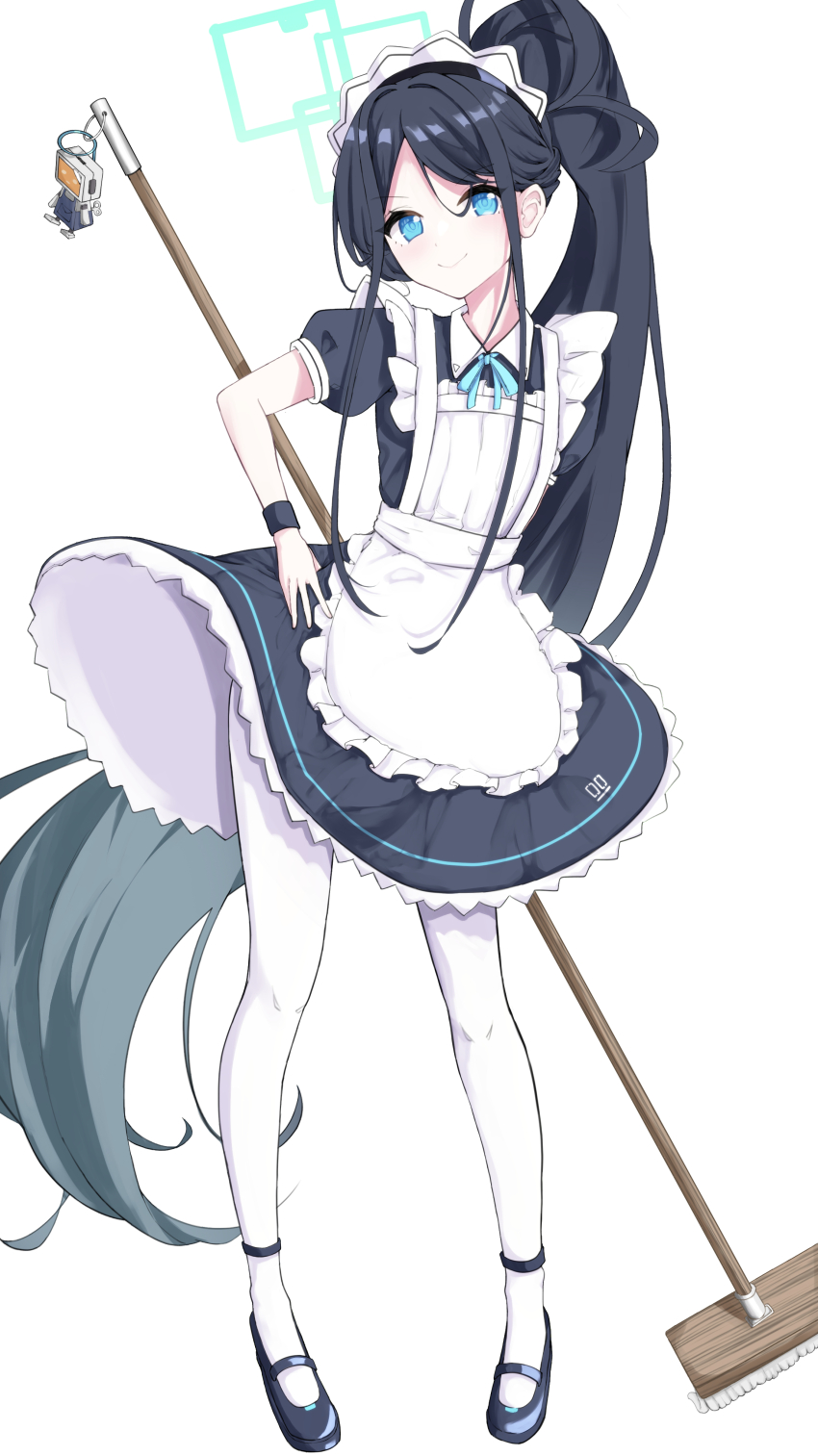 1girl absurdly_long_hair absurdres apron aris_(blue_archive) aris_(maid)_(blue_archive) beguzemu0728 black_dress black_hair black_shoes black_wrist_cuffs blue_archive blue_eyes broom commentary dress highres holding holding_broom kei_(robot)_(blue_archive) long_hair looking_at_viewer maid maid_apron maid_headdress mary_janes official_alternate_costume official_alternate_hairstyle pantyhose ponytail shoes smile solo very_long_hair white_background white_headdress white_pantyhose wrist_cuffs