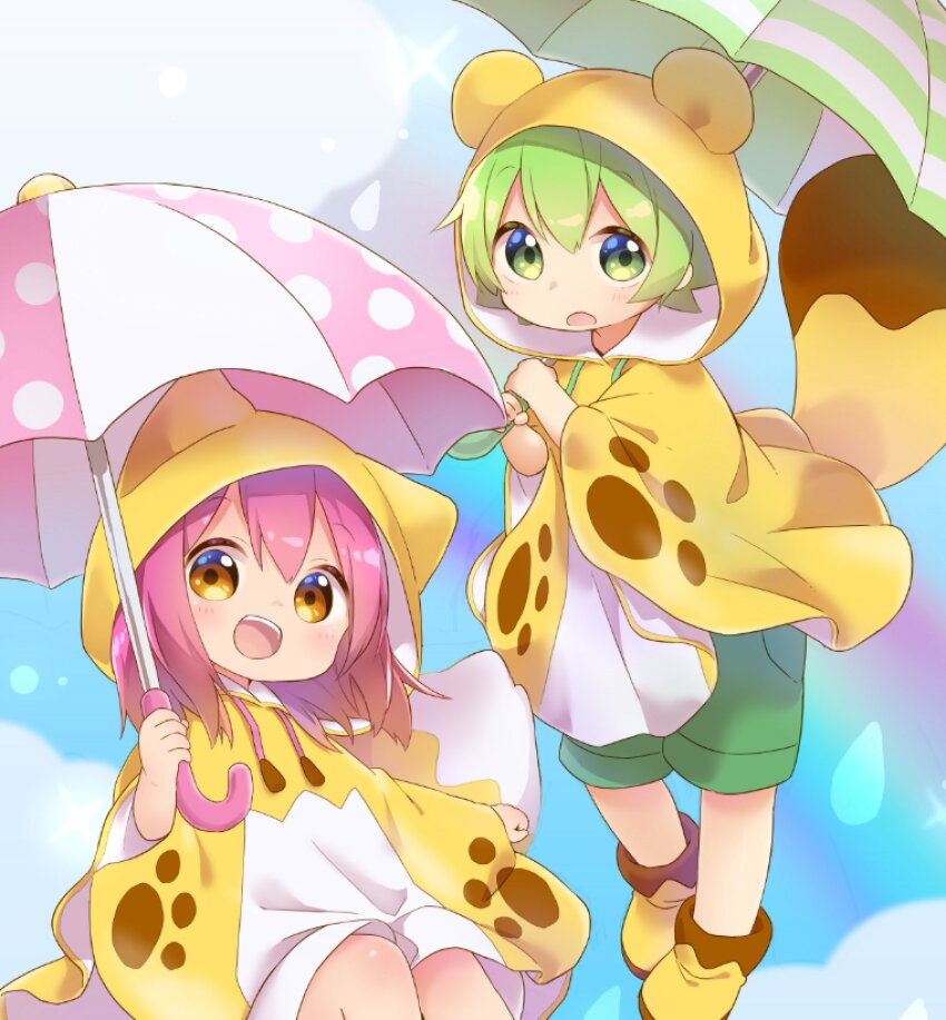 1boy 1girl :d :o animal_hood ankle_boots boots botan-kun brown_eyes child clenched_hand drawstring fox_hood fox_tail green_eyes green_hair green_shorts highres holding holding_umbrella hood hood_up looking_at_viewer medium_hair nipeira open_mouth original pink_hair raccoon_hood raccoon_tail rain_poncho short_hair shorts smile tail tareme teeth umbrella umbrella_over_shoulder upper_teeth_only yellow_boots yuzuwa-chan