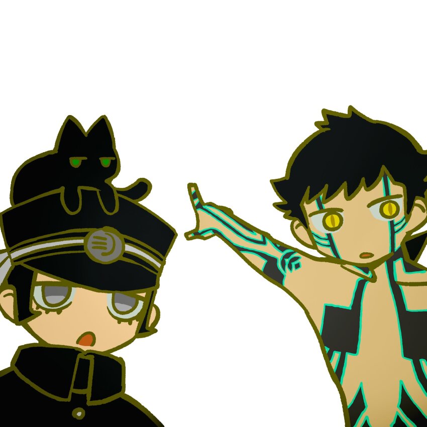2boys :o animal animal_on_head black_cat black_cloak black_hair cat cat_on_head cloak demi-fiend devil_summoner:_raidou_kuzunoha_vs_the_soulless_army devil_summoner_(series) gouto grey_eyes hat highres kuzunoha_raidou looking_at_viewer male_focus meme multiple_boys on_head peaked_cap pointing shin_megami_tensei shin_megami_tensei_iii:_nocturne short_hair simple_background slit_pupils topless_male touyuakatani_(aktn) two_soyjaks_pointing_(meme) white_background yellow_eyes