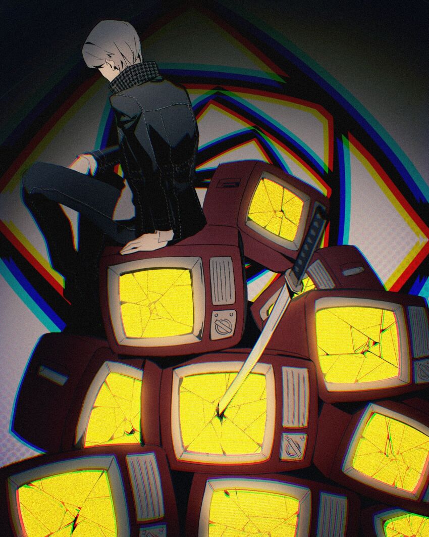 1boy black_pants chromatic_aberration cracked_screen dark_background facing_away gakuran grey_background grey_hair highres katana lluyss narukami_yu pants persona persona_4 school_uniform short_hair sitting solo static sword television weapon yasogami_school_uniform yellow_light